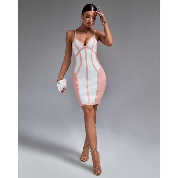 Pink Stripe Backless Bandage Dress