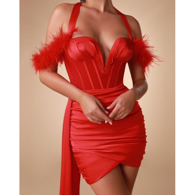 Feather Strap Corset Draping Dress