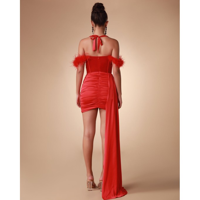 Feather Strap Corset Draping Dress