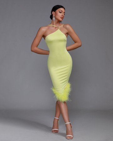 Asymmetric Neckline Feather Trim Midi Dress