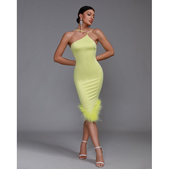 Asymmetric Neckline Feather Trim Midi Dress