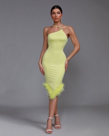 Asymmetric Neckline Feather Trim Midi Dress