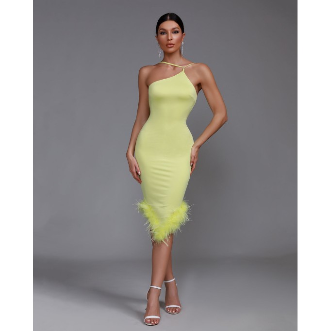 Asymmetric Neckline Feather Trim Midi Dress