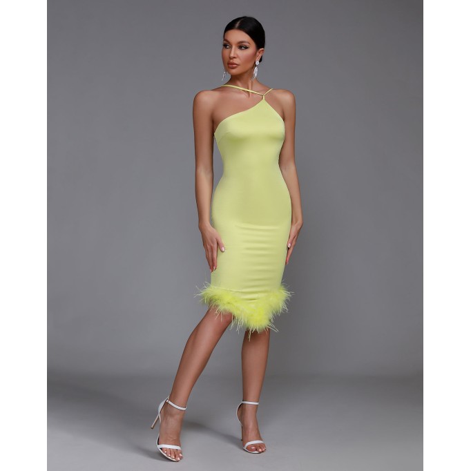 Asymmetric Neckline Feather Trim Midi Dress