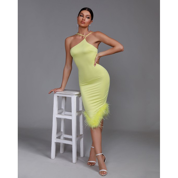 Asymmetric Neckline Feather Trim Midi Dress