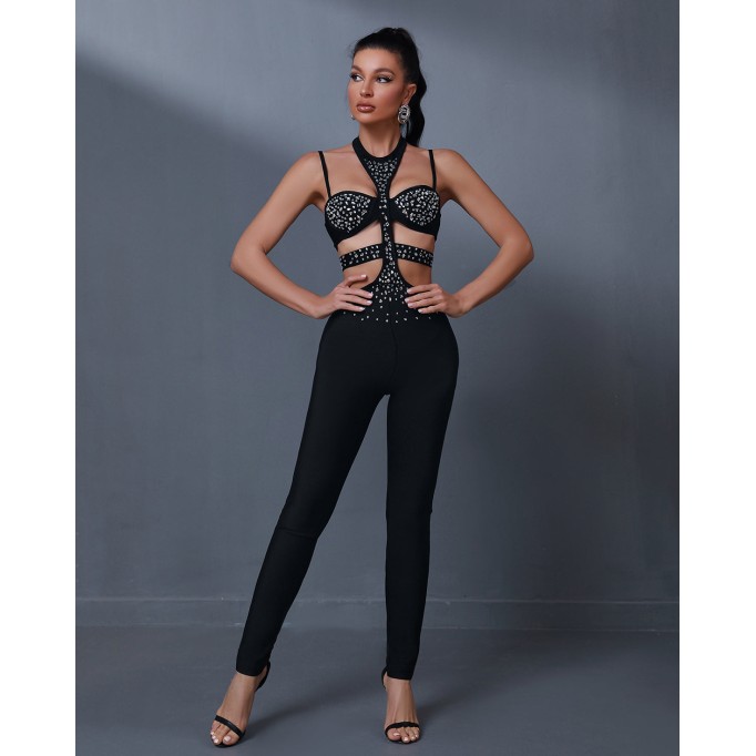 Rhinestone Trim Bandage Backless Jumpsuit