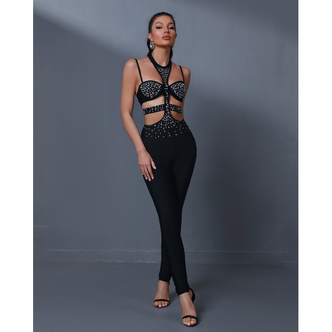 Rhinestone Trim Bandage Backless Jumpsuit