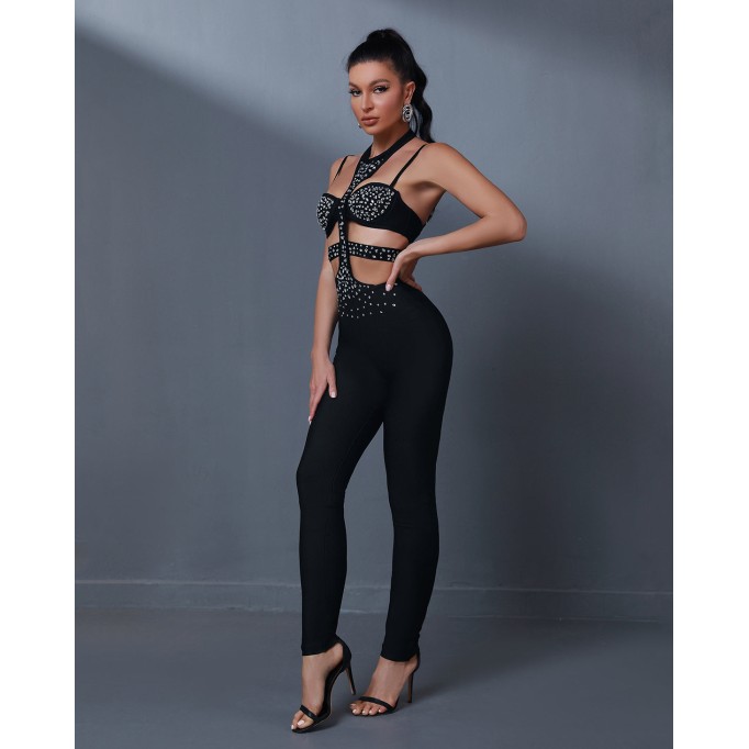 Rhinestone Trim Bandage Backless Jumpsuit