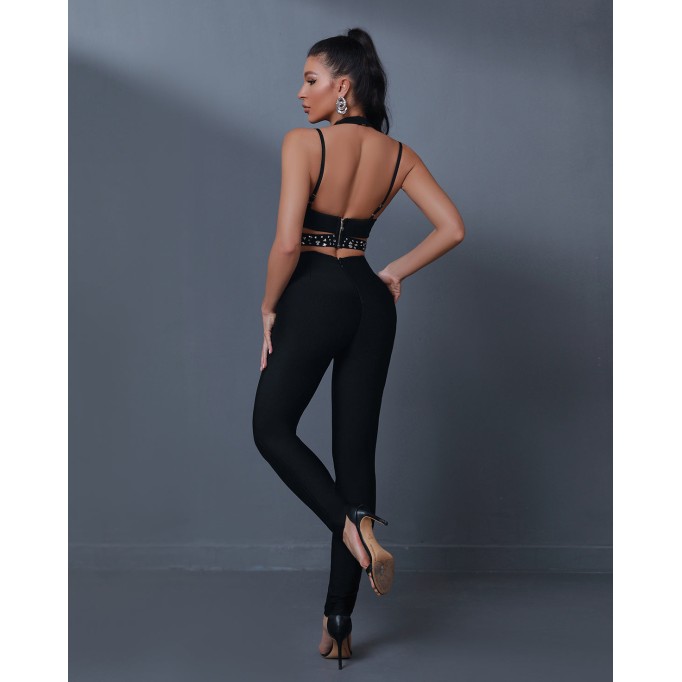 Rhinestone Trim Bandage Backless Jumpsuit