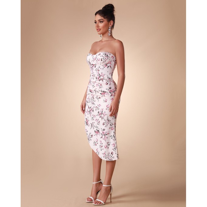 Floral Print Satin Strapless Dress