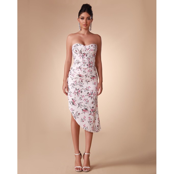 Floral Print Satin Strapless Dress