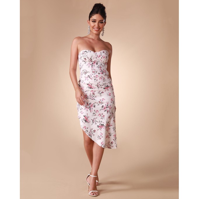 Floral Print Satin Strapless Dress