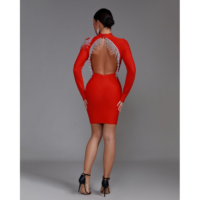 Rhinestone Fringe Backless Bandage Dress