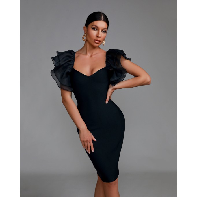 Elegant Puff Sleeve Tulle Midi Bandage Dress