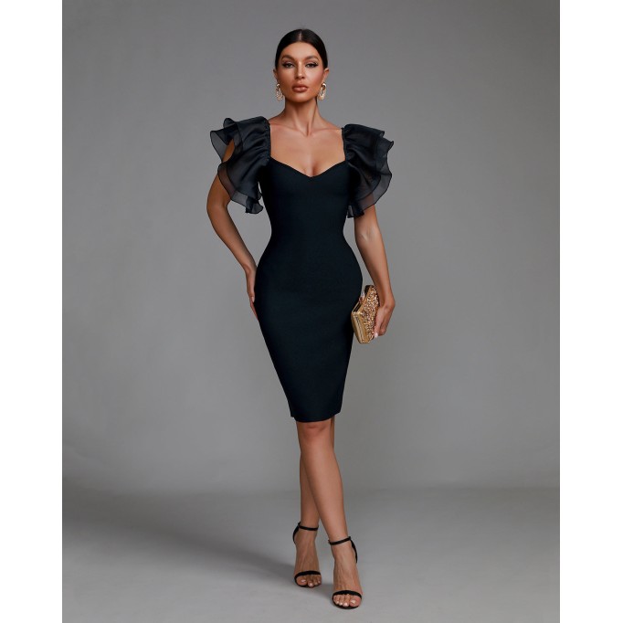 Elegant Puff Sleeve Tulle Midi Bandage Dress