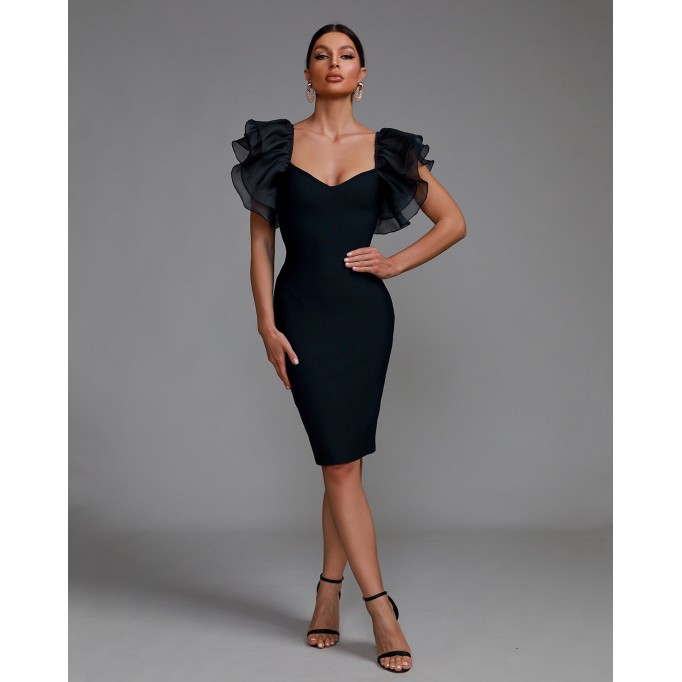 Elegant Puff Sleeve Tulle Midi Bandage Dress