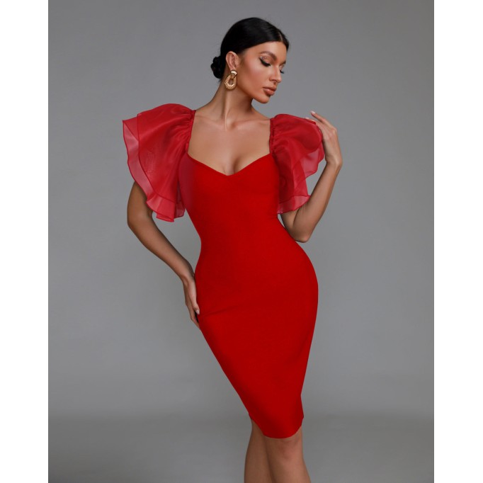 Elegant Puff Sleeve Tulle Midi Bandage Dress