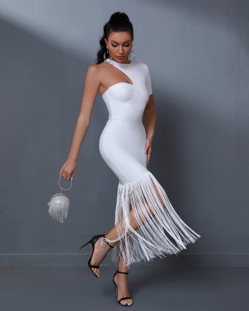 Asymmetric Tassels Maxi Bandage Dress