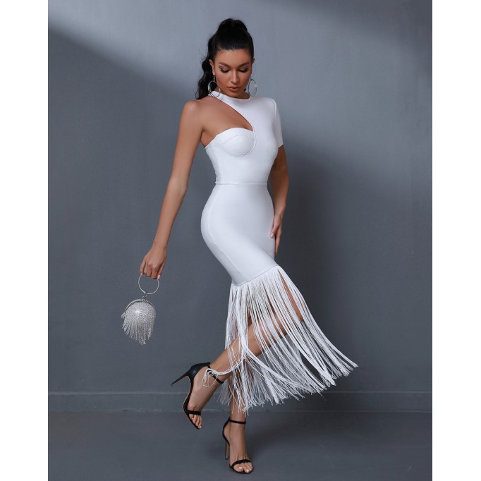 Asymmetric Tassels Maxi Bandage Dress