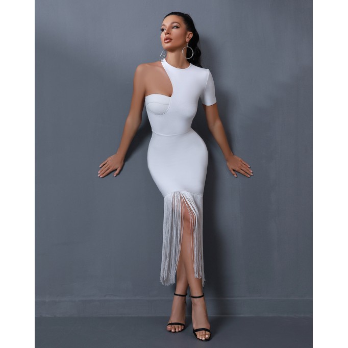 Asymmetric Tassels Maxi Bandage Dress