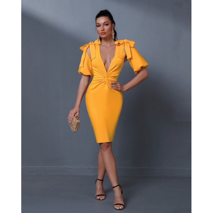 Puff-sleeve Cut Out Bandage Dress