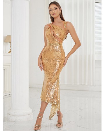 V Neck Sleeveless Sequins Maxi Bodycon Dress HB77820