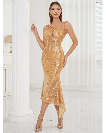 V Neck Sleeveless Sequins Maxi Bodycon Dress HB77820