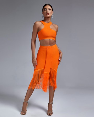 Asymmetric Tank Top & Tassels Bandage Skirt Set