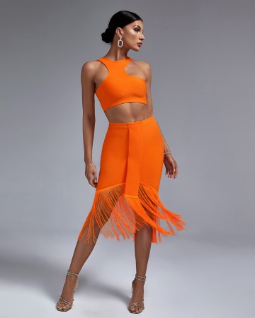 Asymmetric Tank Top & Tassels Bandage Skirt Set