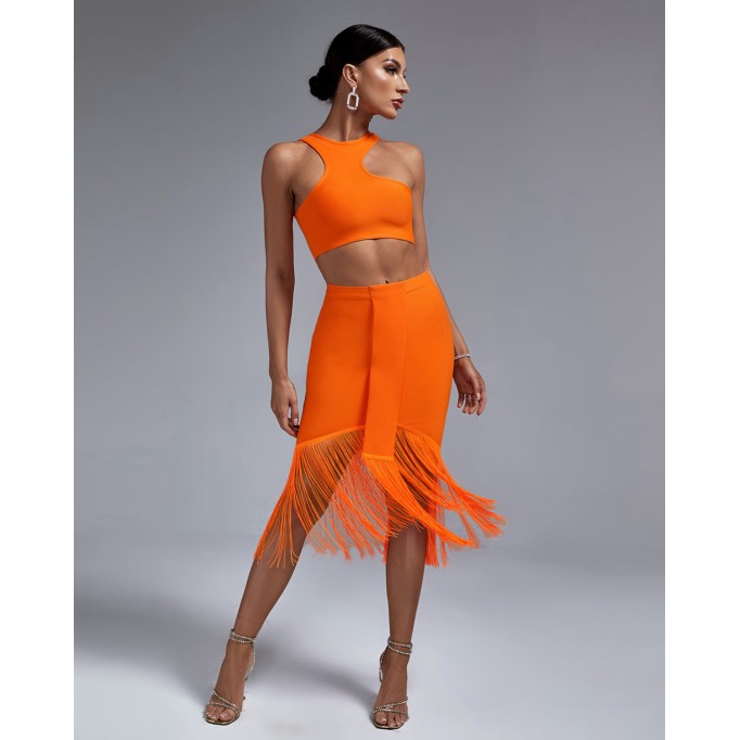 Asymmetric Tank Top & Tassels Bandage Skirt Set