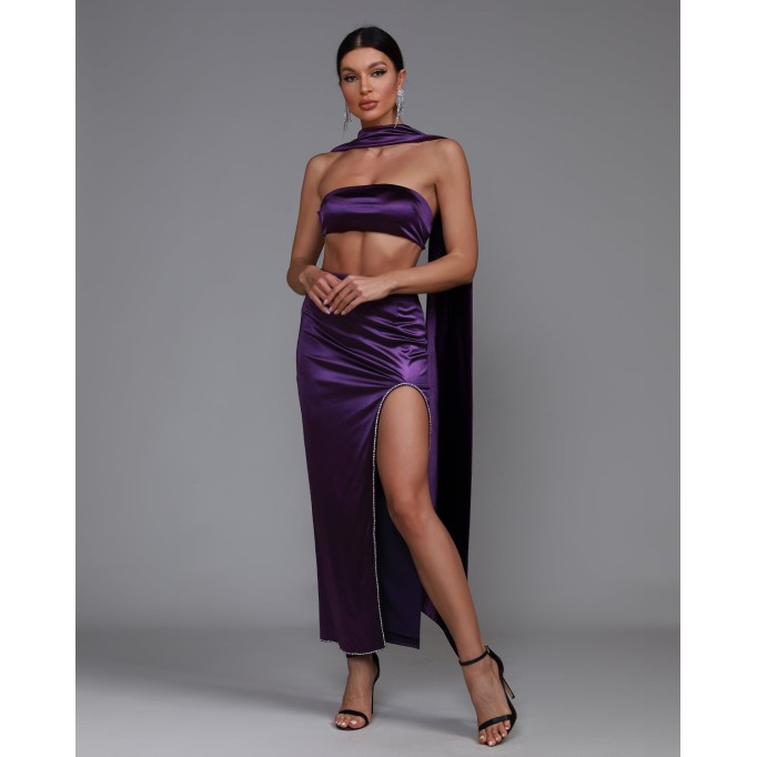 Purple Satin Strapless Sash Gown