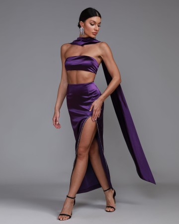 Purple Satin Strapless Sash Gown