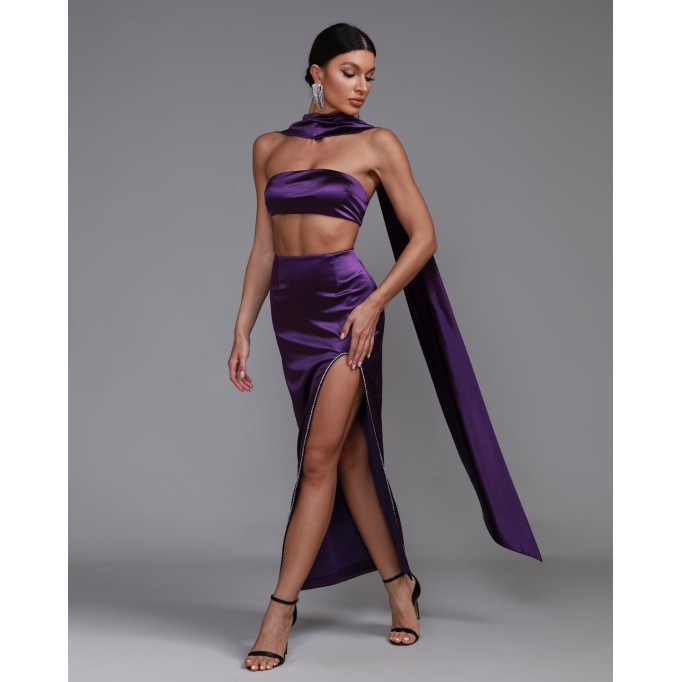 Purple Satin Strapless Sash Gown