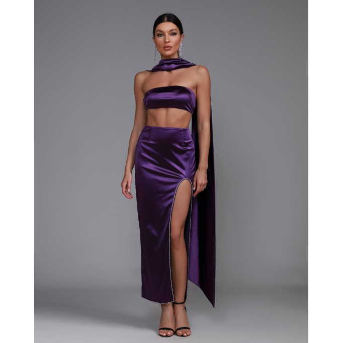 Purple Satin Strapless Sash Gown