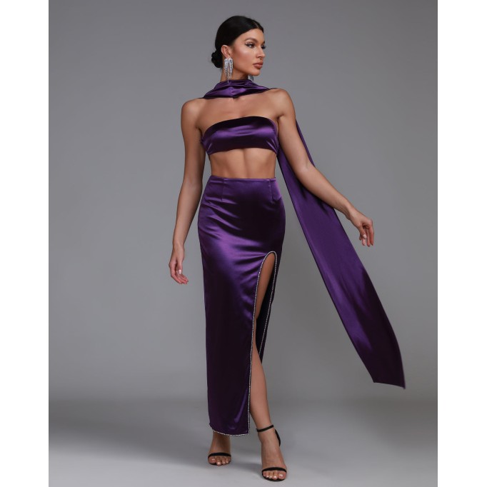 Purple Satin Strapless Sash Gown