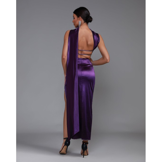 Purple Satin Strapless Sash Gown