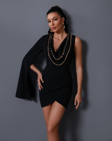 One Sleeve Gold Chains Mini Dress