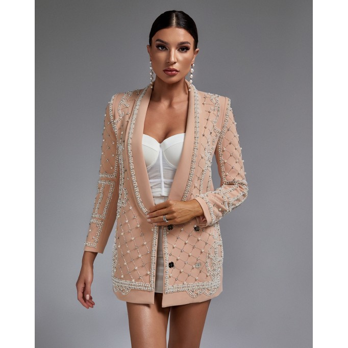 Pearl Embellished Shawl Lapel Blazer