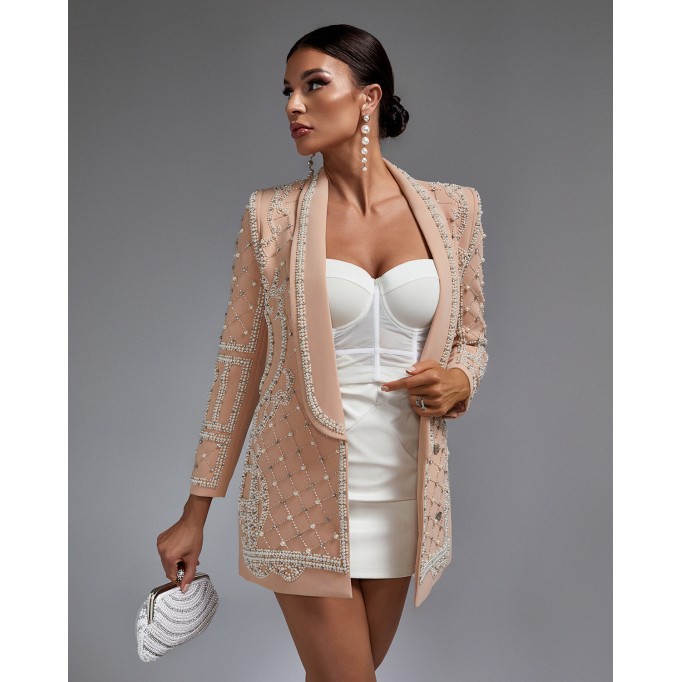 Pearl Embellished Shawl Lapel Blazer