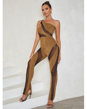 One Shoulder Sleeveless Slit Bodycon Jumpsuit HB0125