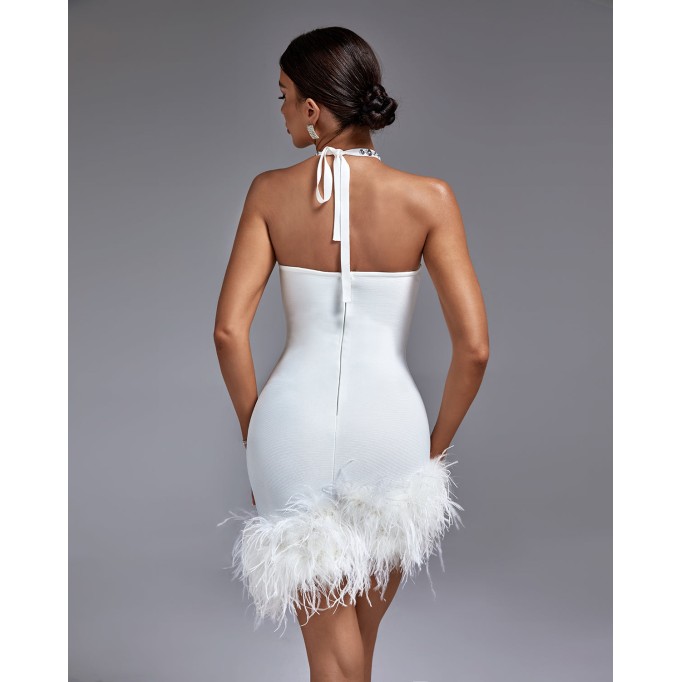 Halter Feather Trim Bandage Mini Dress