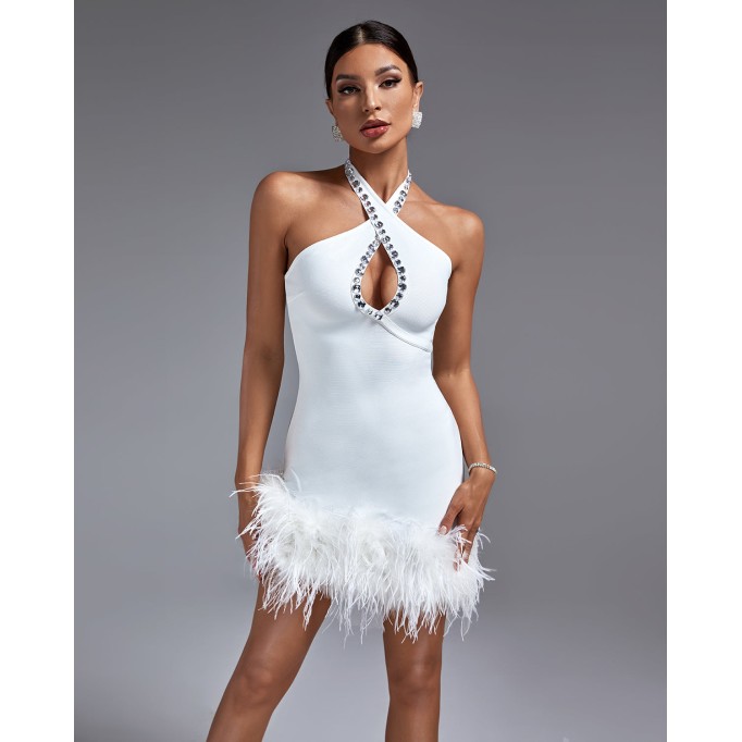 Halter Feather Trim Bandage Mini Dress