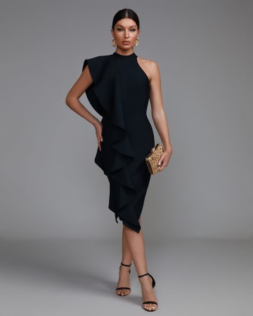 Asymmetric Ruffle Midi Bandage Dress