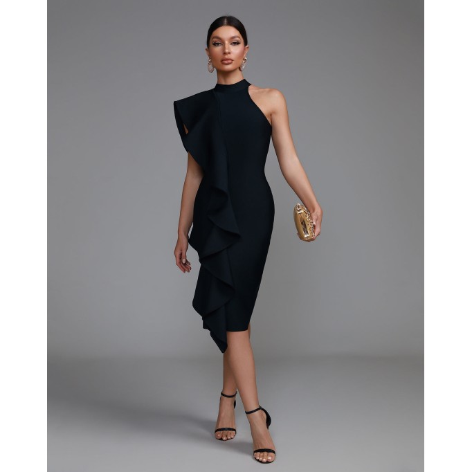 Asymmetric Ruffle Midi Bandage Dress