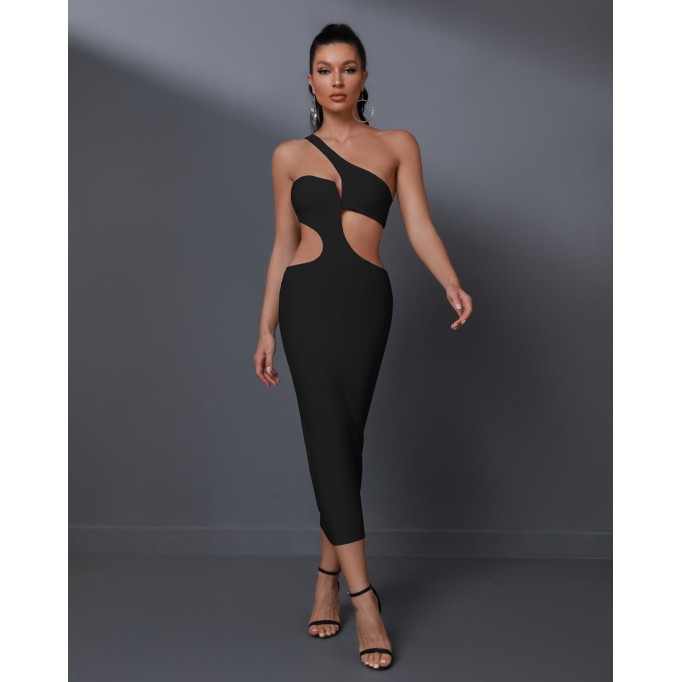 One Shoulder Cutout Midi Bandage Dress