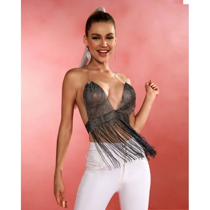 Sheer Tassels Rhinestone Crop Top