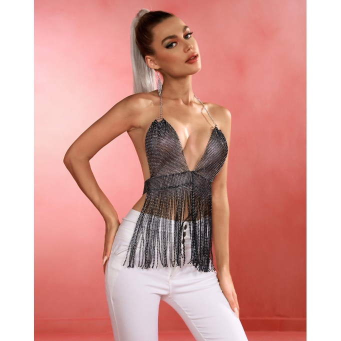 Sheer Tassels Rhinestone Crop Top