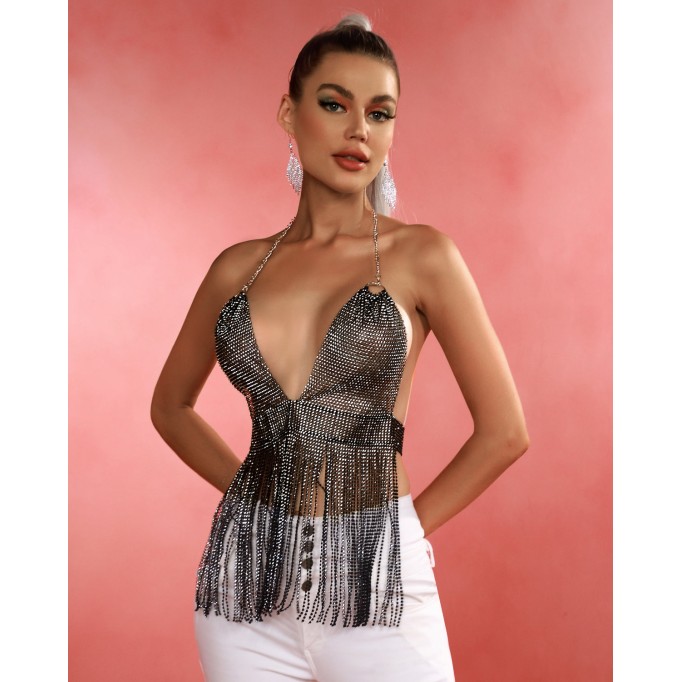 Sheer Tassels Rhinestone Crop Top