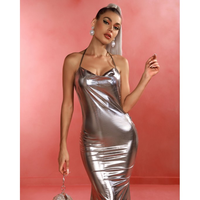 Backless Metallic Gold Fishtail Maxi Dress