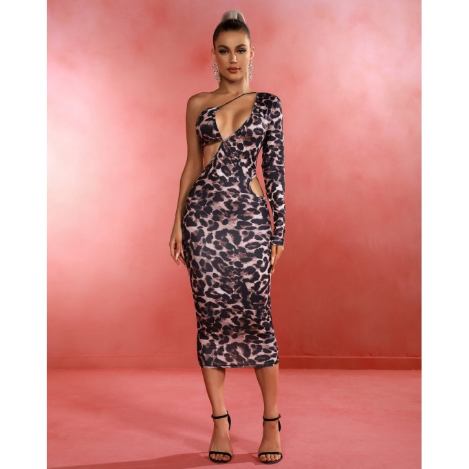 Asymmetric Leopard Print Midi Dress